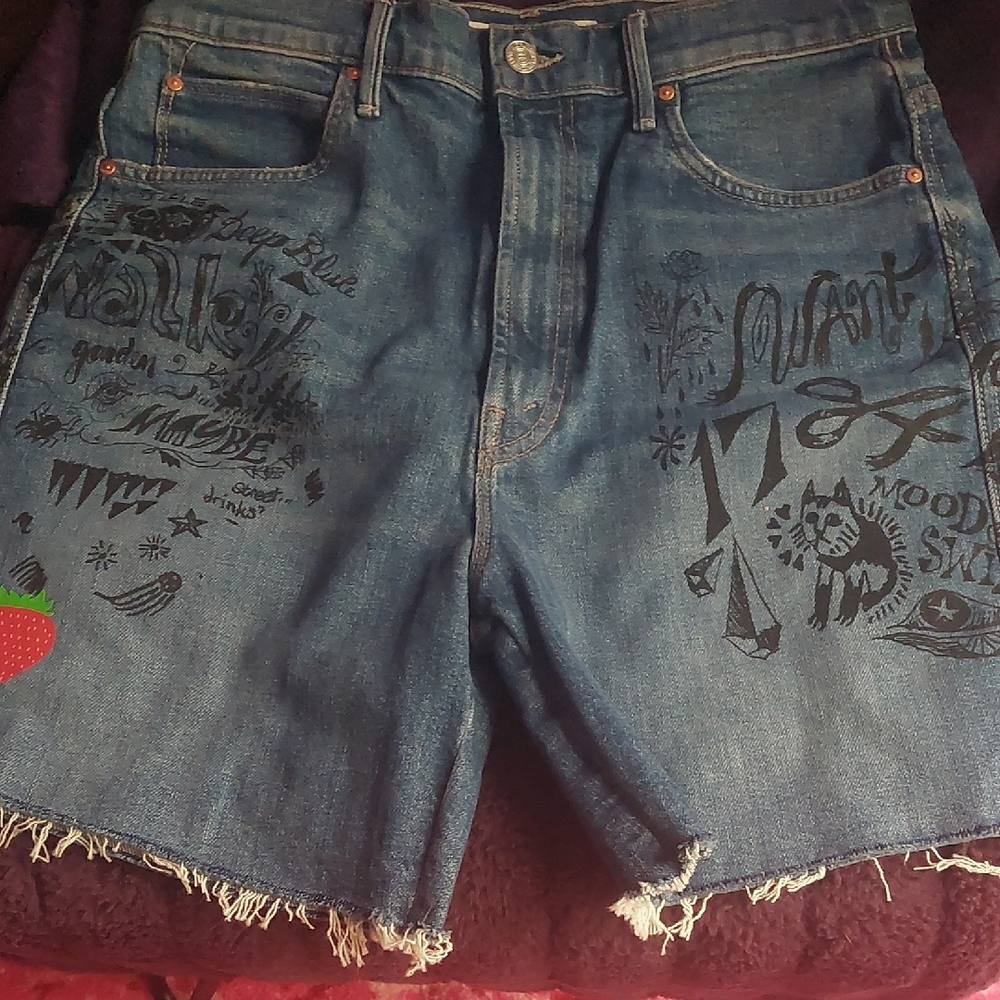 Mother Blue Graphic Denim Shorts